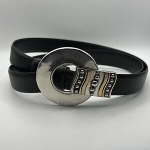 Chico’s black leather adjustable size M/L hook silver tone buckle belt